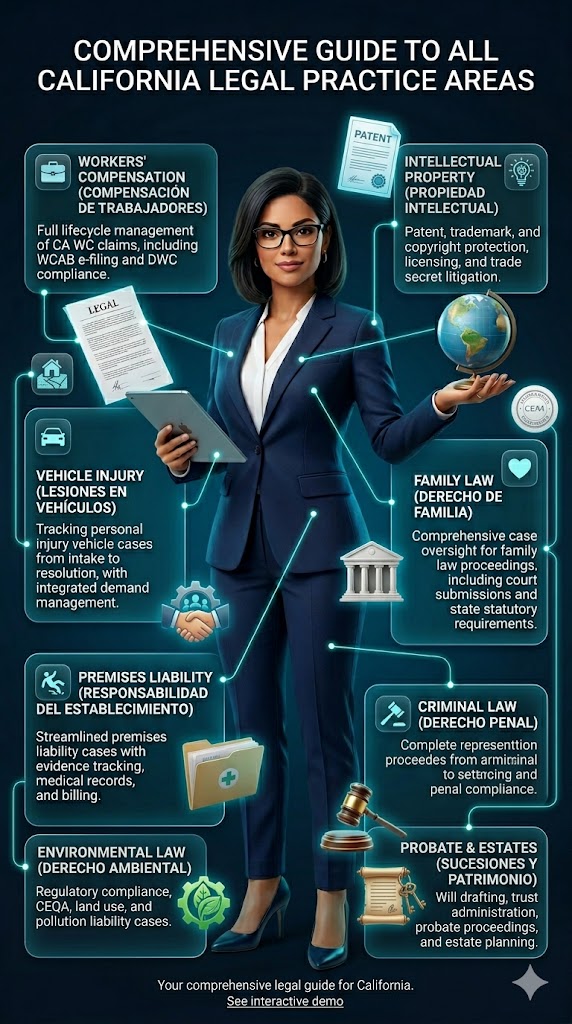 Comprehensive guide to all California legal practice areas covered by NXi Systems — workers' compensation, intellectual property, vehicle injury, family law, premises liability, criminal law, environmental law, and probate & estates, shown bilingually in English and Spanish.